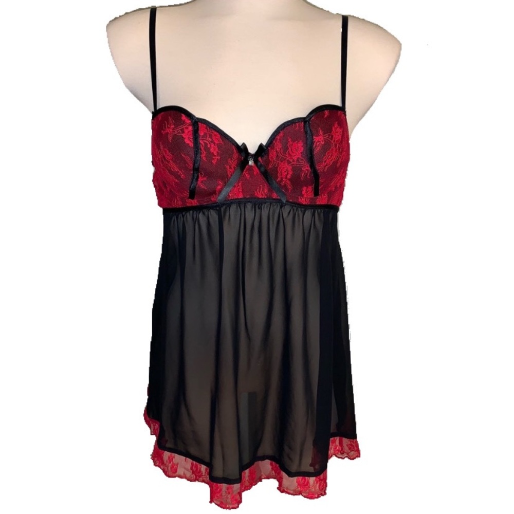 Red/black lace and sheer nightie